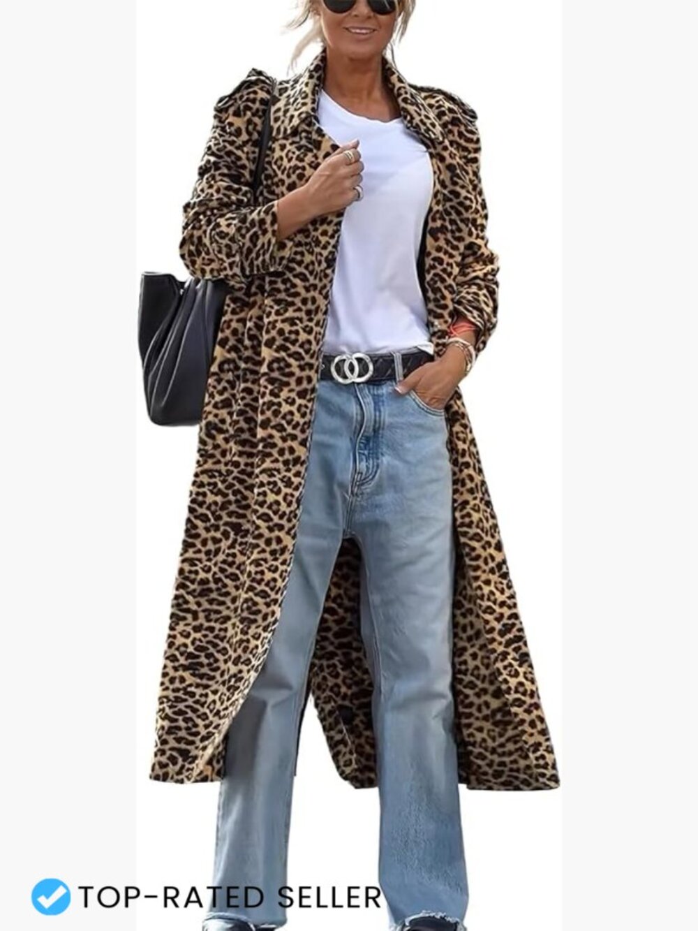 Leopard Print Faux Suede Trench Coat Loose Fit Notched Lapel Long Pea Coat Chic